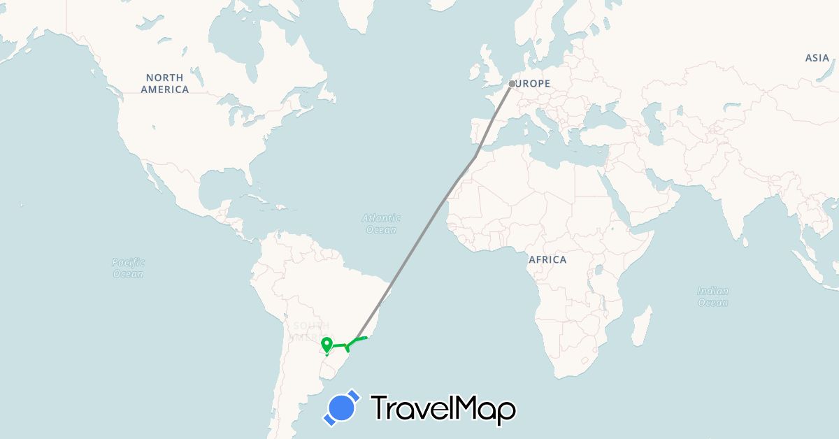 TravelMap itinerary: driving, bus, plane, hiking, boat, hitchhiking in Argentina, Belgium, Brazil, Morocco (Africa, Europe, South America)